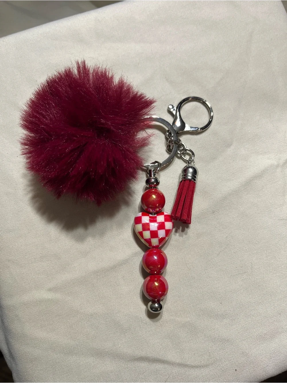 Plush Pom & Heart Bead Keychain - Wine Red